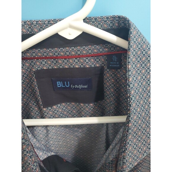 Mens Button Front Shirt Xl Geometric Print Collared Blu By Polifroni Lightweight - Picture 4 of 11